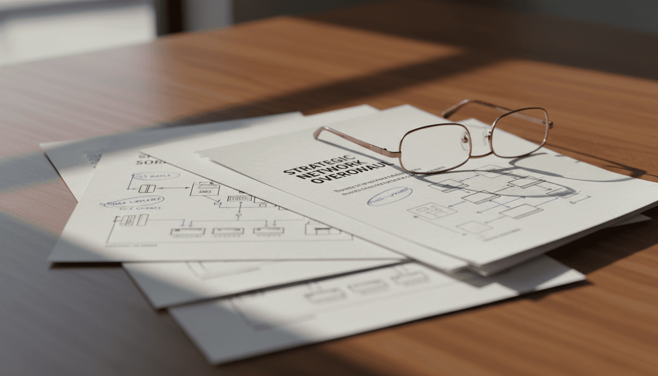Stack of printed technology proposals and network diagrams on a wooden desk with reading glasses