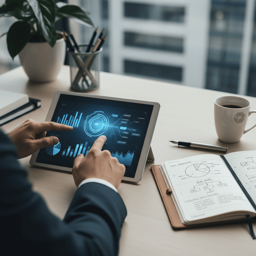 Technology advisor reviewing documents with a client at a desk in San Jose